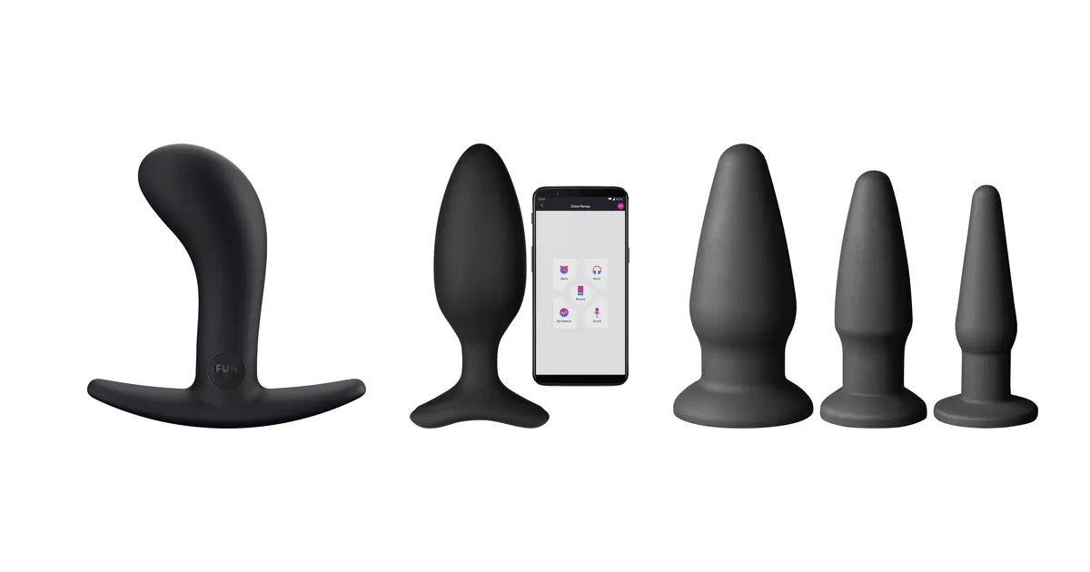 Vergelijking buttplugs: Fun Factory Bootie Medium, Lovense Hush 2 (medium) en Sinful anale trainingsset siliconen op productfoto's