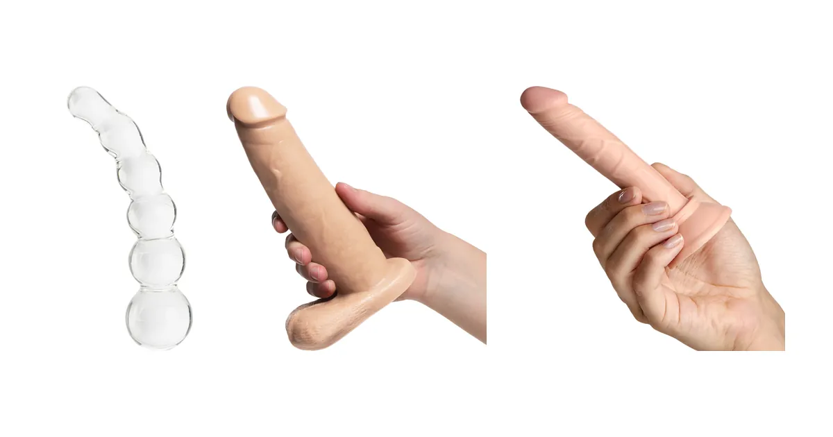 Vergelijking dildo's: Sinful Groove glazen dildo 16 cm, Vixen Creations VixSkin Bandit dildo 20,5 cm en Willie City realistische dildo met zuignap 14,5 cm op productfoto's
