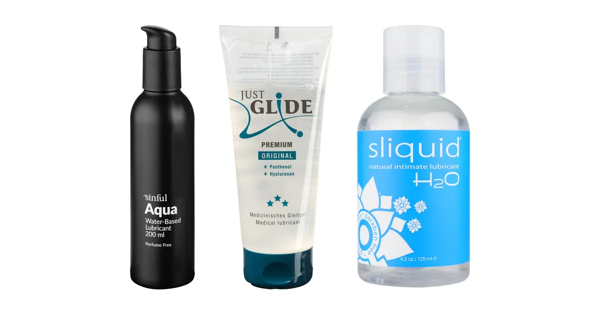 Vergelijking glijmiddelen: Sinful Aqua glijmiddel op waterbasis 200 ml, Just Glide Premium Original glijmiddel (hyaluronzuur/panthenol) 200 ml en Sliquid H2O glijmiddel op waterbasis 125 ml op productfoto's