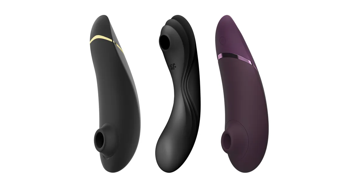Vergelijking luchtdrukvibrators: Womanizer Premium 2, Satisfyer Curvy Trinity 4 en Womanizer Next op productfoto's