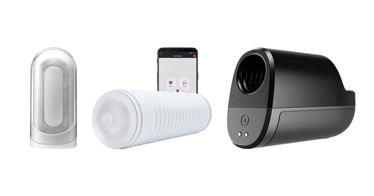 Vergelijking masturbators: TENGA Flip Zero, Lovense Max 2 en Arcwave Ion 2 op productfoto's